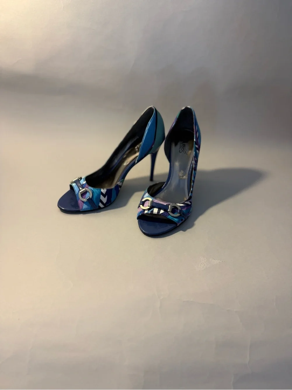 Carlos by Carlos Santana Blue Patterned Open-Toe Stiletto Heels